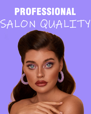 Promotional image for beauty product on purple background. Text reads 'Professional Salon Quality'. Features stylized feminine figure with dark hair and large earrings.