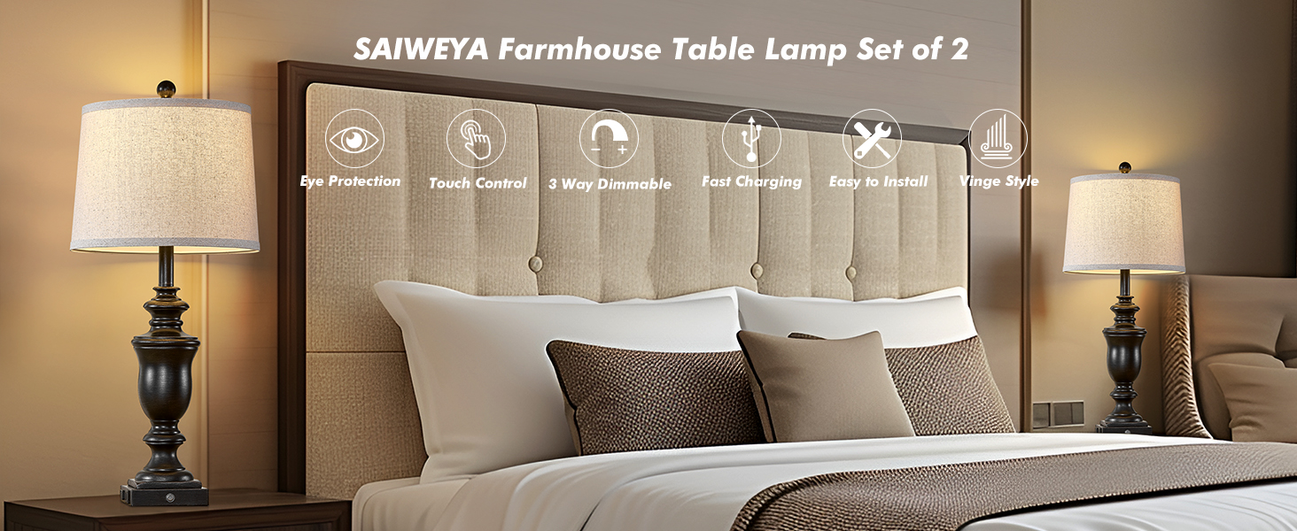 SAIWEYA Farmhouse Table Lamp Set of 2 Touch Control 3 Way Dimmable Fast Charging
