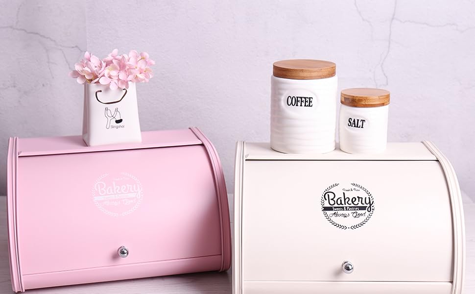 Pink bread box for kitchen counter top