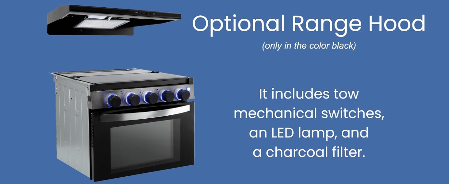 Range hood comes in black. Includes tow mechanical switches, an LED lamp, and a charcoal filter.