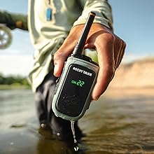 Rocky Talkie radio with water drops and fishing reel