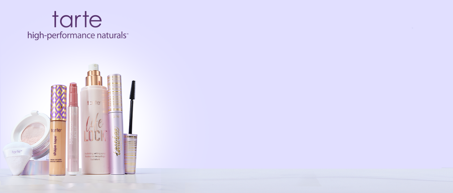 purple background with tarte high performance naturals logo with five products