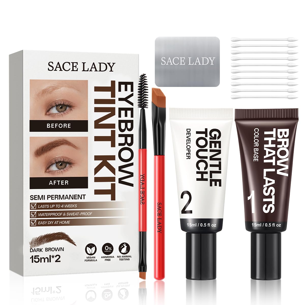 SACE LADY Eyebrow Color Kit for Women, Long Last Effect Up to 4 Weeks, Waterproof Sweat-proof, Natural Brows Cream Color DIY at Home, Vegan & Cruelty Free, 0.5Fl Oz*2 (02 DARK BROWN)
