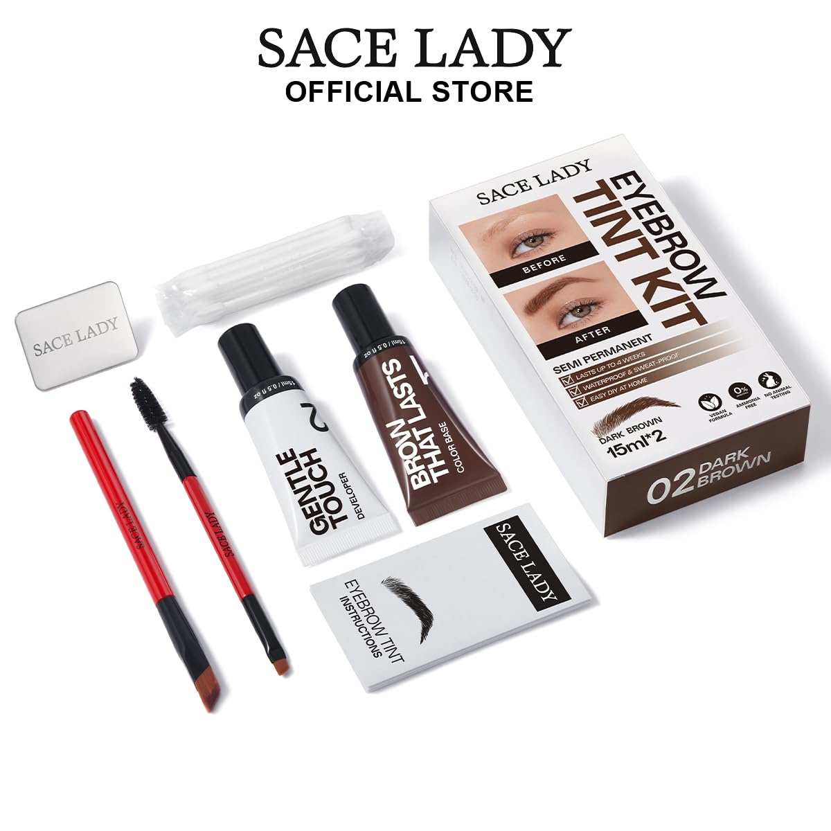 SACE LADY Eyebrow Color Kit for Women, Long Last Effect Up to 4 Weeks, Waterproof Sweat-proof, Natural Brows Cream Color DIY at Home, Vegan & Cruelty Free, 0.5Fl Oz*2 (02 DARK BROWN) - Image 7