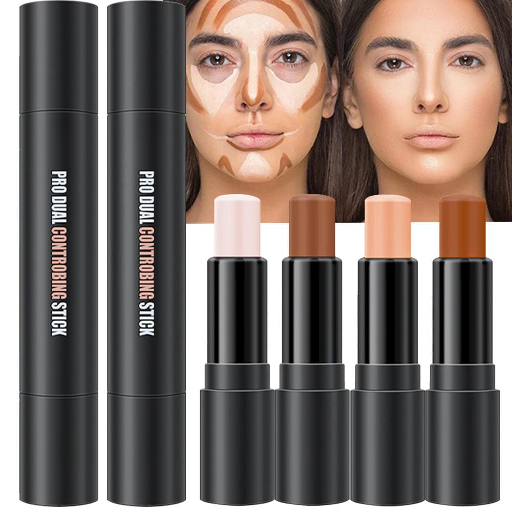 evpct 4 Colors Contour Stick Makeup Set, Cream Concealer Stick Contouring Palette Makeup Kit for Beginners, Nose Bronzer Sticks, Liquid Face Highlighter Make up contorno maquillaje, 01+03