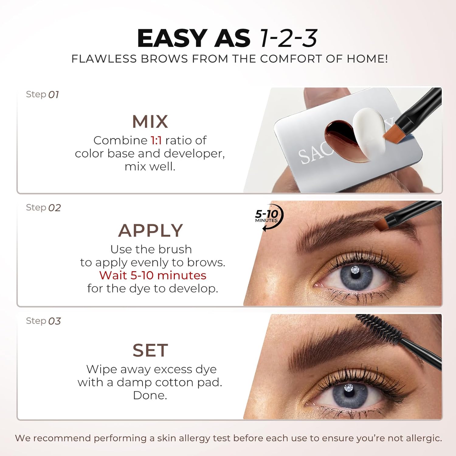 SACE LADY Eyebrow Color Kit for Women, Long Last Effect Up to 4 Weeks, Waterproof Sweat-proof, Natural Brows Cream Color DIY at Home, Vegan & Cruelty Free, 0.5Fl Oz*2 (02 DARK BROWN) - Image 6