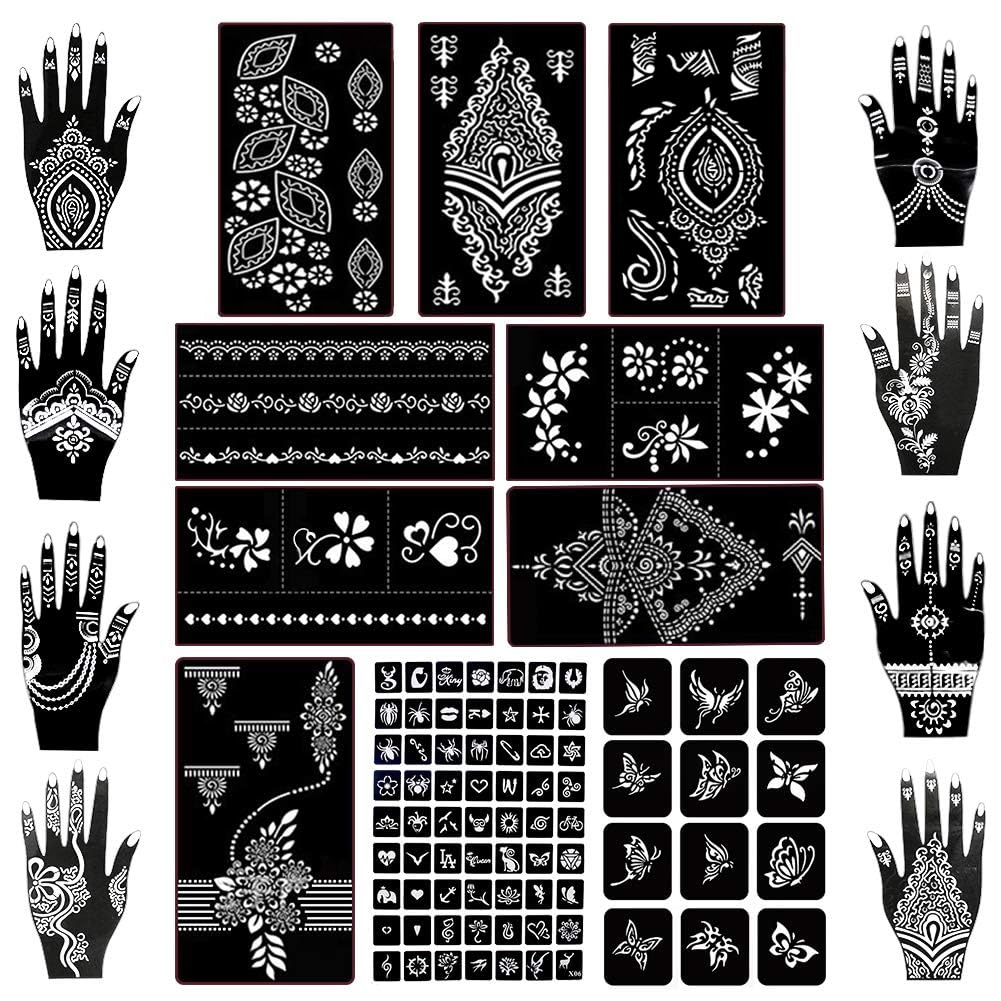 Koogel 18 Sheets 97PCS Henna Tattoo Stencil Kit, Reusable Mehndi Templates for Indian Weddings, Christmas & New Year, Ramadan, Bridal Mehndi & Tattoo Templates for Women, Girls & Body Art