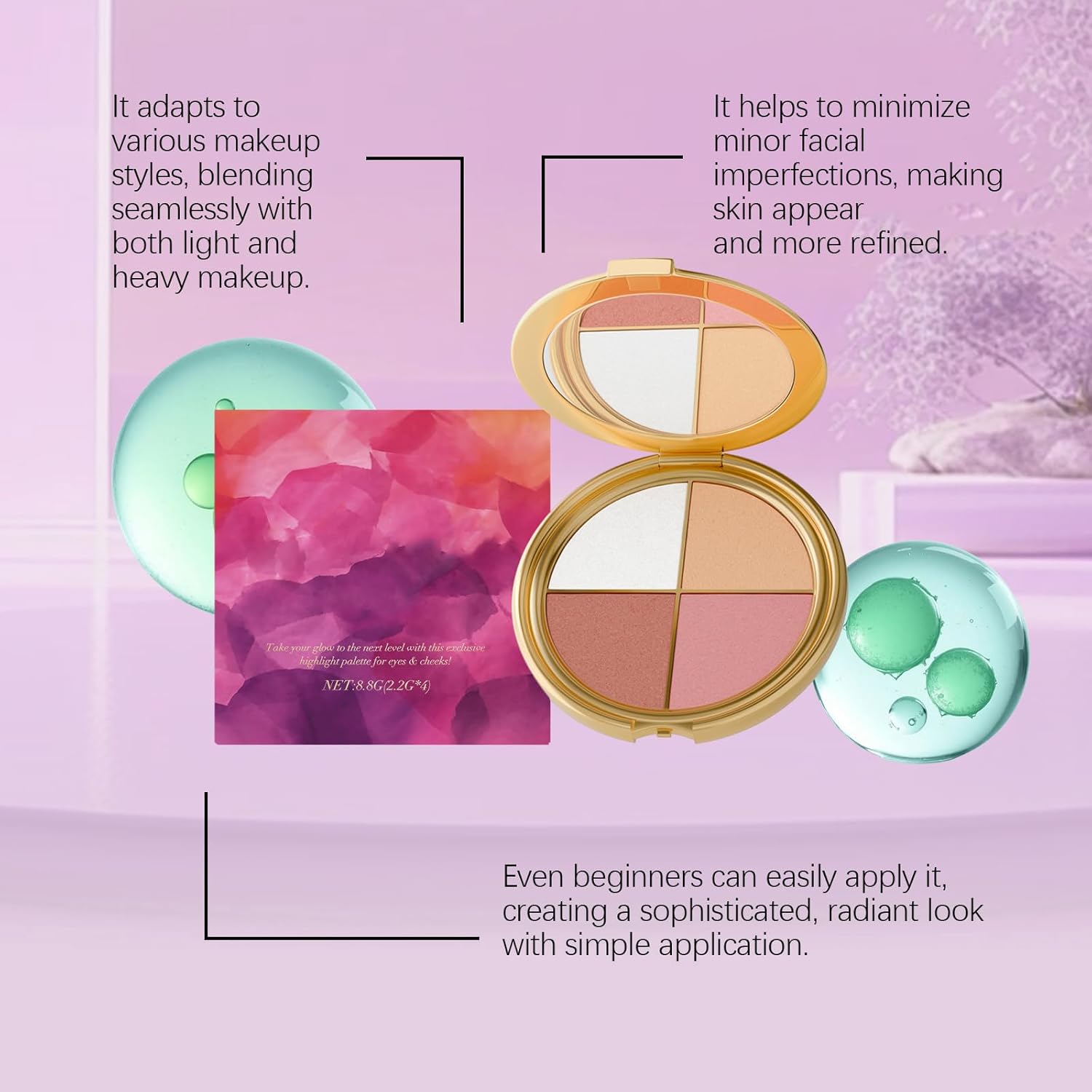 Eye & Cheek Palette - Eyeshadow and Highlighter Makeup, Face Highlighter Palette for Women, Multitasking Blush, Highlighting Eye & Cheek Palette, 4-In-1Makeup Palettes Kit - Image 4