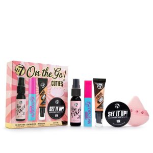 W7 On the Go Cuties Set - Mini Makeup Essentials with Primer, Mascara, Setting Spray, Loose Powder & Powder Puff - Travel Size Beauty Favourites