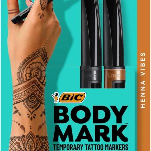 BIC BodyMark Temporary Tattoo Markers for Skin, Henna Vibes, Flexible Brush Tip, 2-Count Pack of Assorted Colors, Skin-Safe*, Cosmetic Quality