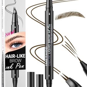 iMethod Curved Eyebrow Pen - Eyebrow Pencil, Brow Pencil 2-in-1 Dual-Ended Microblading Eyebrow Pen with Micro-Fork-Tip and Precise Brush-Tip Create Natural Hair-Like Brows, Last All-Day, Dark Brown