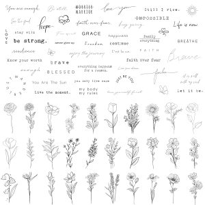 TATUWST Realistic Temporary Tattoos - 60 Sheets Tiny Small Removable Tattoos, 30 Pcs Inspirational Quotes Words Tattoos, 30 Pcs Wild Flower Ink Line Botanical Floral Leaf Tattoo Stickers for Women