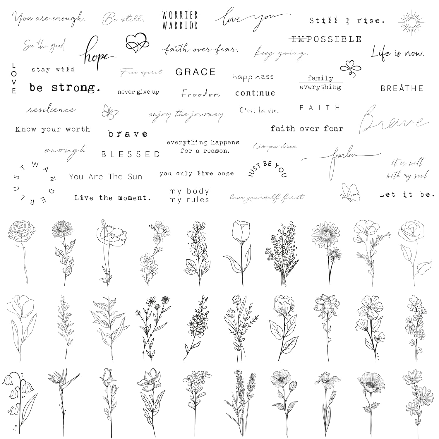 TATUWST Realistic Temporary Tattoos - 60 Sheets Tiny Small Removable Tattoos, 30 Pcs Inspirational Quotes Words Tattoos, 30 Pcs Wild Flower Ink Line Botanical Floral Leaf Tattoo Stickers for Women