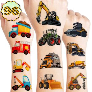 Construction Temporary Tattoos Birthday Party Supplies Decorations 96PCS Tattoos Stickers Vehical Excavator Bulldozer Cute Party Favors Kids Girls Boys Gifts Classroom School Prizes Themed