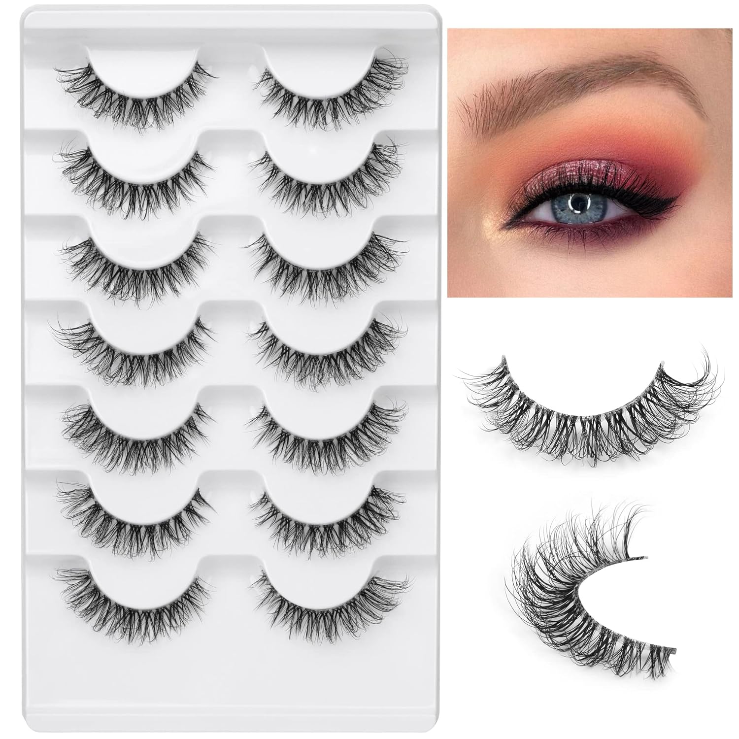 JIMIRE Demi-wispies Faux Mink Eyelashes with Clear Band Russian Strip Lashes Fluffy Natural Look Wispy Light 13MM Short False Eyelashes Invisible Small 3D Fake Lashs Pack 7 Pairs - Image 2