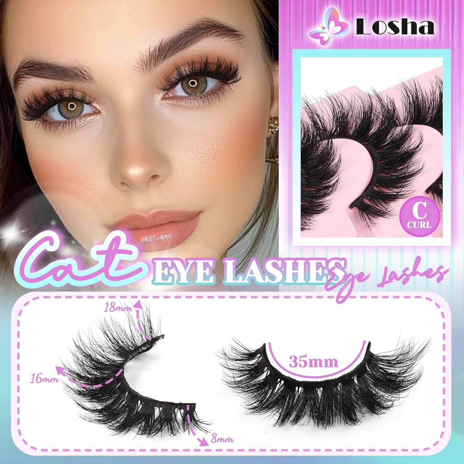 Losha Lashes Volume False Eyelashes Fluffy Cat Eye Lashes 7 Pairs Crisscross Lashes Strips 8-18mm Thick Fake Eyelashes 3D Faux Mink Lashes (FC03) - Image 3