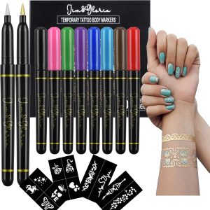 Jim&Gloria Skin Markers Temporary Tattoo Pen 10 Colors with Gold and Silver, Fake Body Paint Tattoos, Christmas Makeup, Face Painting Kit Teen Girl Gifts Trendy Stuff Adults, Birthday Gift
