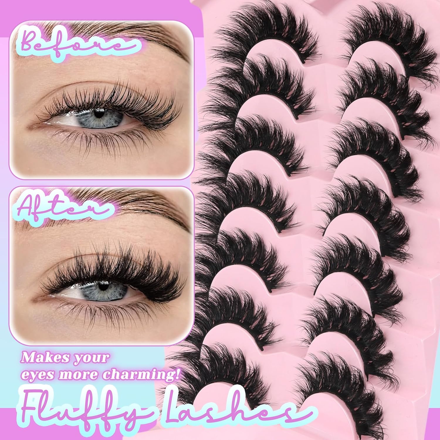 Losha Lashes Volume False Eyelashes Fluffy Cat Eye Lashes 7 Pairs Crisscross Lashes Strips 8-18mm Thick Fake Eyelashes 3D Faux Mink Lashes (FC03) - Image 4