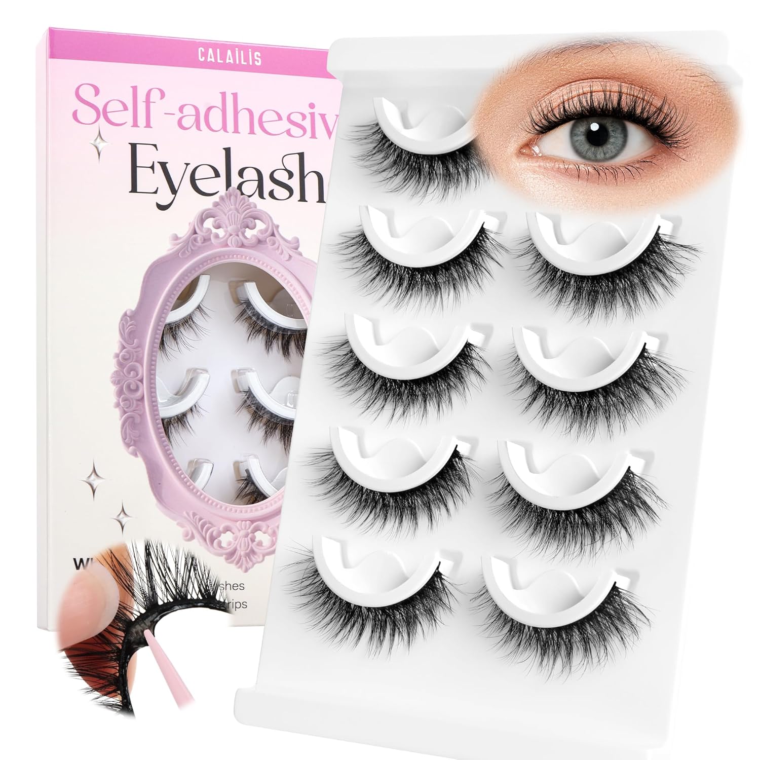CALAILIS Self Adhesive Eyelashes Natural Look Wispy Press On Lashes No Glue Need Eyelashes 5 Pairs Reusable Cat Eye Self-adhesive False Lashes (C122)