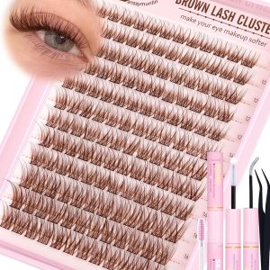 Brown Wispy Lash Clusters Kit Natural Eyelashes Clusters Kit Cluster Eyelash Extensions 10-16mm C Curl Cluster Lashes DIY Eyelash Clusters Waterproof Individual Lash Extension Kit with Brush