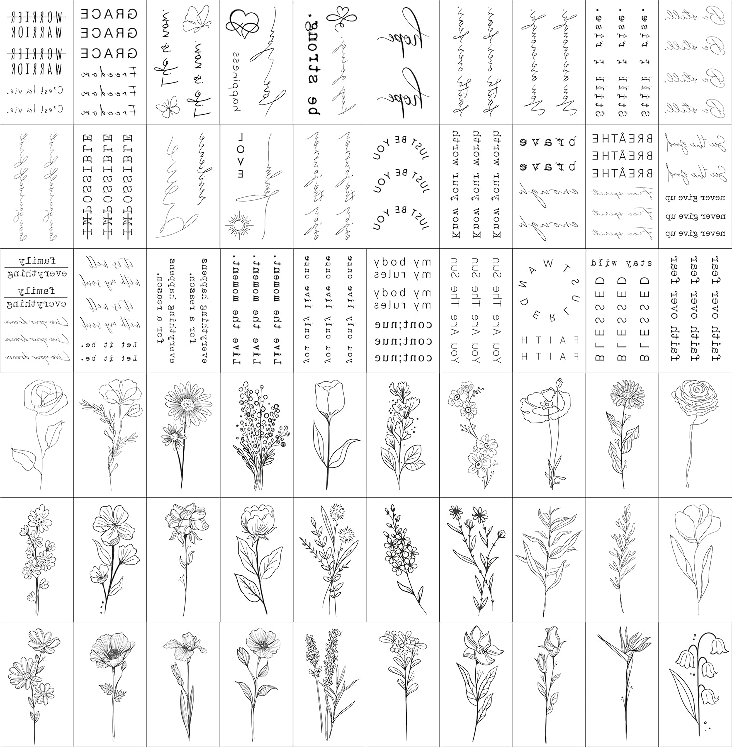 TATUWST Realistic Temporary Tattoos - 60 Sheets Tiny Small Removable Tattoos, 30 Pcs Inspirational Quotes Words Tattoos, 30 Pcs Wild Flower Ink Line Botanical Floral Leaf Tattoo Stickers for Women - Image 2