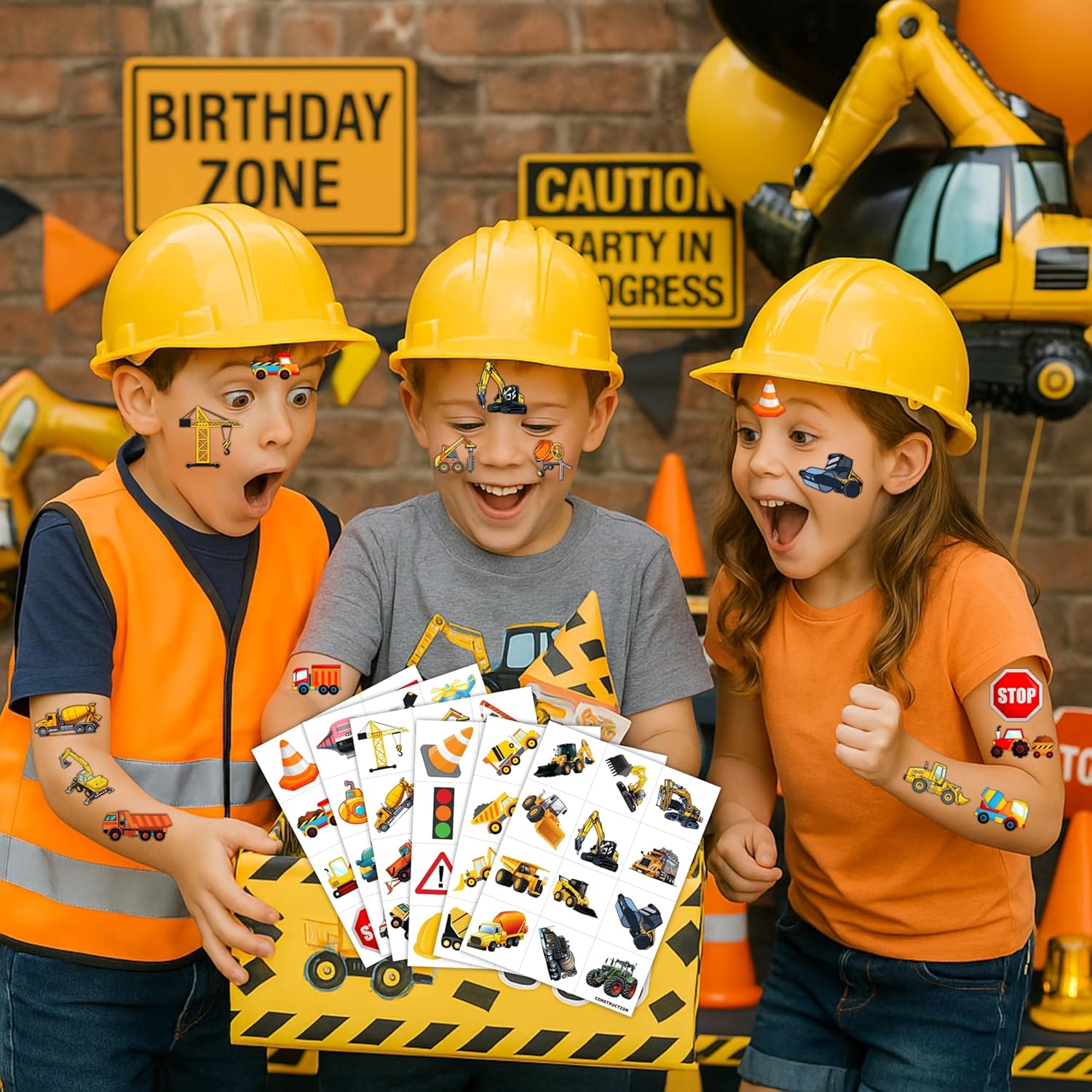 Construction Temporary Tattoos Birthday Party Supplies Decorations 96PCS Tattoos Stickers Vehical Excavator Bulldozer Cute Party Favors Kids Girls Boys Gifts Classroom School Prizes Themed - Image 3