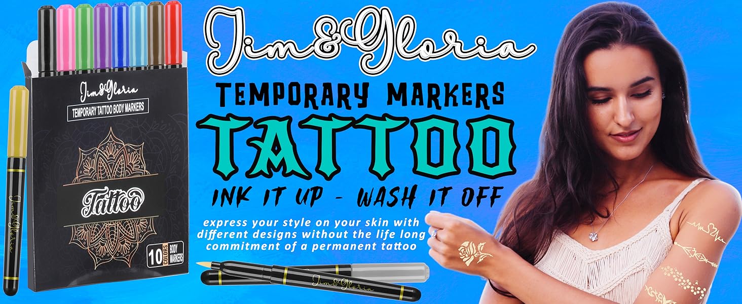Jim&amp;Gloria Face Body Temporary Tattoo Markers Brush Tip Pen Stencils Non Permanent Toxic Fake Temp