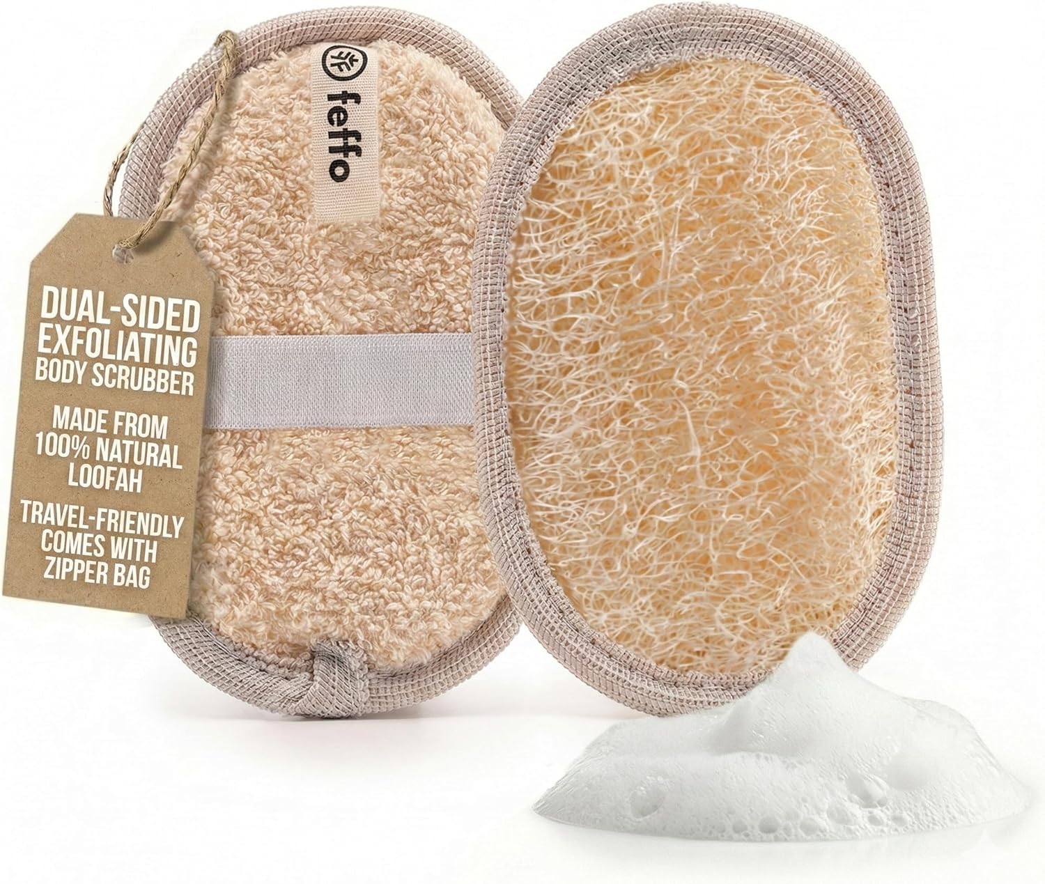 Natural Loofah Sponge for Body Scrub, Exfoliating Body Scrubber & Loofah with Handle, Exfoliating Pads, Loofah for Women, Men & Kids (2 Count - 1 Pack, Oval)