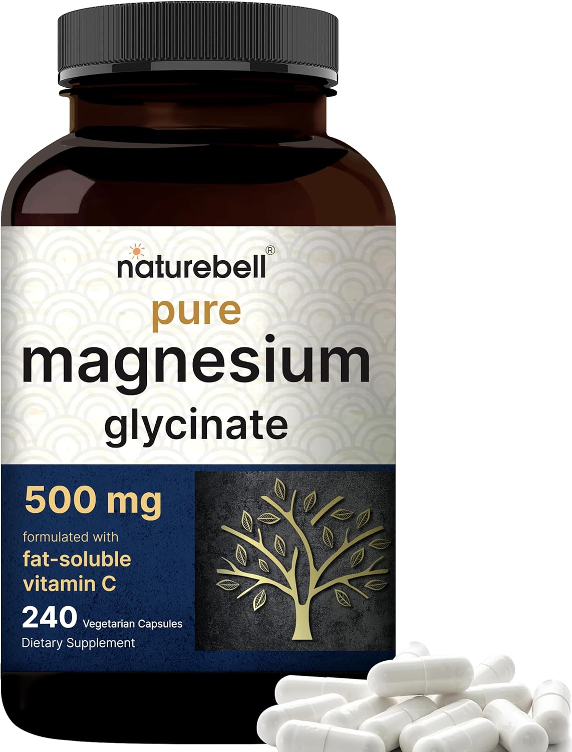 Naturebell Pure Magnesium Glycinate 500mg, 240 Veggie Capsules | 100% Chelated & Purified – 3rd Party Tested, Vegan Friendly, Non-GMO