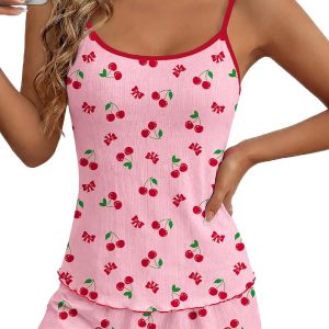 Ekouaer Pajama Sets for Women 2 Piece Camisole Pjs Cute Print Sleepwear Ribbed Sexy Tank Top with Shorts S-XXL