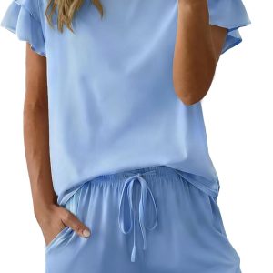 Ekouaer Womens Pajama Sets 2 Piece Ruffle Sleeves Top and Shorts Pjs Soft Sleepwear Cute Loungewear set with Pockets