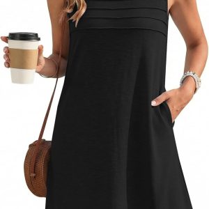 Ekouaer Womens Swimsuit Cover Up Pleated Front Bathing Suit Coverups 2026 Casual Tank Beach Dress with Pockets S-2XL