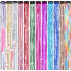 Hair Tinsel Clip in 12 colors Fairy Hair Tinsel Kit, 12 Pcs 24 Inch Glitter Clip in Hair Extensions for Girls Women Kids Christmas New Year Festival Party (12 colors)